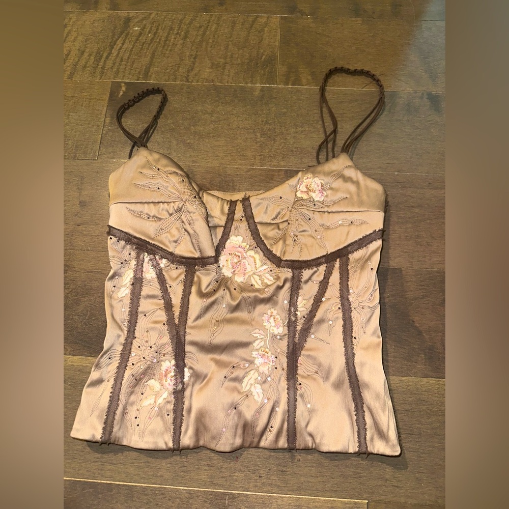 Vintage MANDALAY Champagne Blush Floral Embroidered Rhinestone Boned Corset